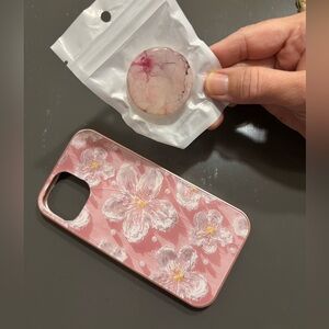 iPhone15 + PopSocket set Floral Pink Phone Case set New custom 3D view fun